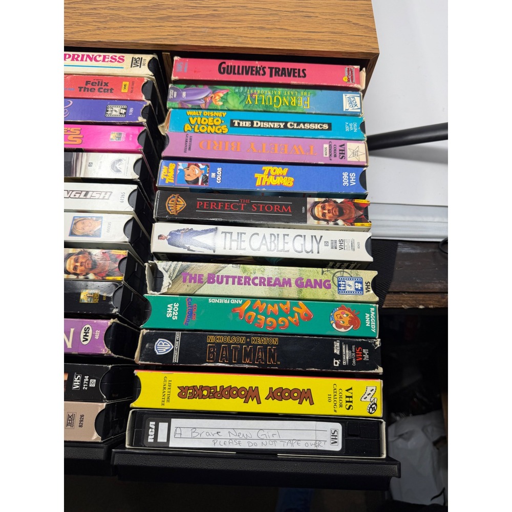 Vintage VHS Movie Lot with Faux Wood Grain 2-Drawer Storage Case Batman Disney